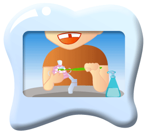 图中所见是一个小孩在清洁临时假牙。