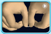 Animation showing the use of thumbs and the forefingers of both hands to hold a portion of dental floss, leaving about 2 cm in between.