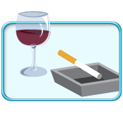 Photograph of cigarette and alcoholic drinks.