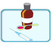 Photograph of some oral medication and a needle for local anaesthesia.