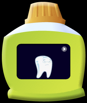 動畫所見是一顆牙齒，並見牙齒表面有礦物質流失，氟化物給加在牙齒表面後，就有礦物質回流到牙齒。