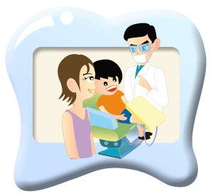 Photograph of a parent taking her child to a dentist for a dental check-up.
