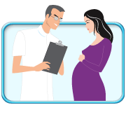 图中所见是一位孕妇与一位医护人员倾谈。