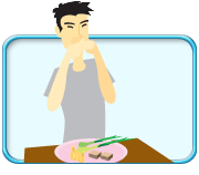 Photograph of a man eating garlics and stinky Tofu.